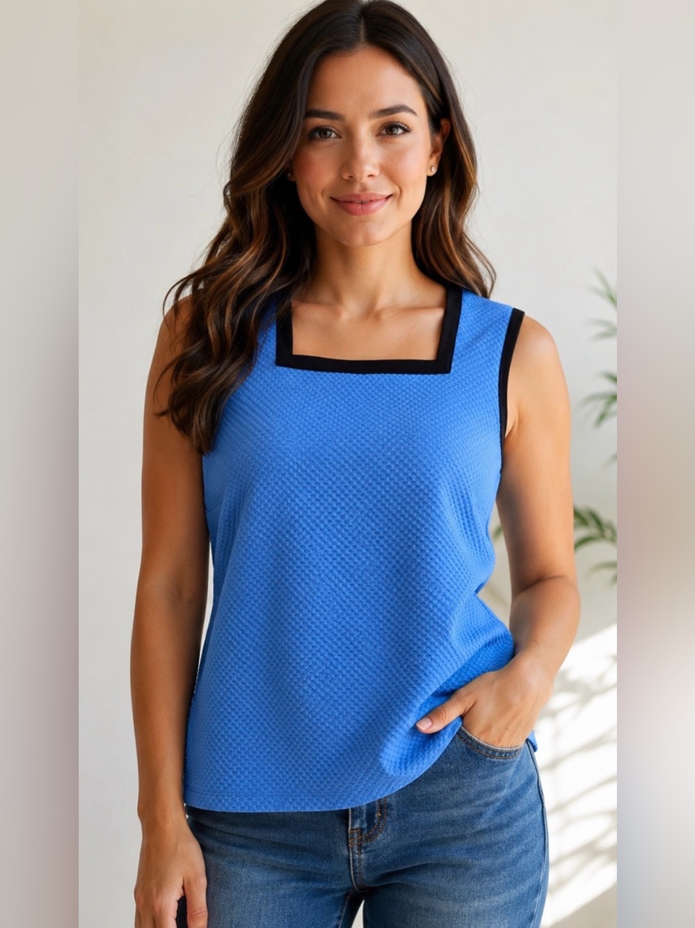 Blue Sleeveless Square Neck Tank with navy blue Trim size S
